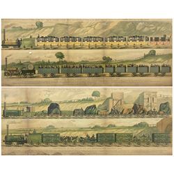 After Moses Bruin Cotsworth (British 1859–1943): 'Travelling on the Liverpool and Manchester Railway - 1831' Plates I & III, pair colour lithographs pub. Raphael Tuck & Sons 1894, 24cm x 62cm
