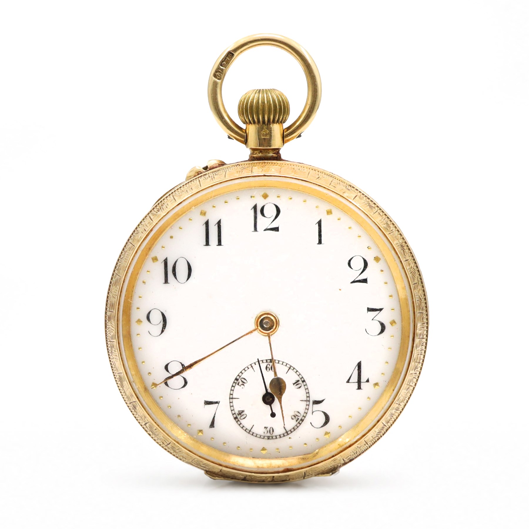 Edwardian 18ct gold open face keyless lever fob watch, white enamel dial with Arabic hour markers and subsidiary seconds dial, engraved foliate case, London import mark 1907