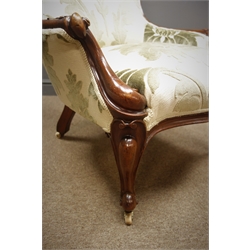 Victorian walnut framed nursing chair upholstered in a soft apple Duresta fabric, cabriole legs and castors  