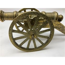 Nautical brass cased signal lamp H24cm; sighting scope;  and ornamental brass model cannon L29cm (3)