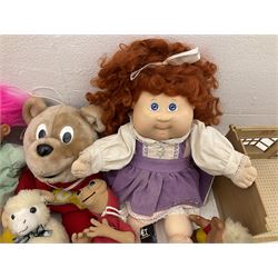 Quantity of stuffed toys and dolls to include Teddy Ruxpin, Cabbage Patch, Troll doll, and a quantity of plastic toys including Sylvanian Families Country School etc, in two boxes