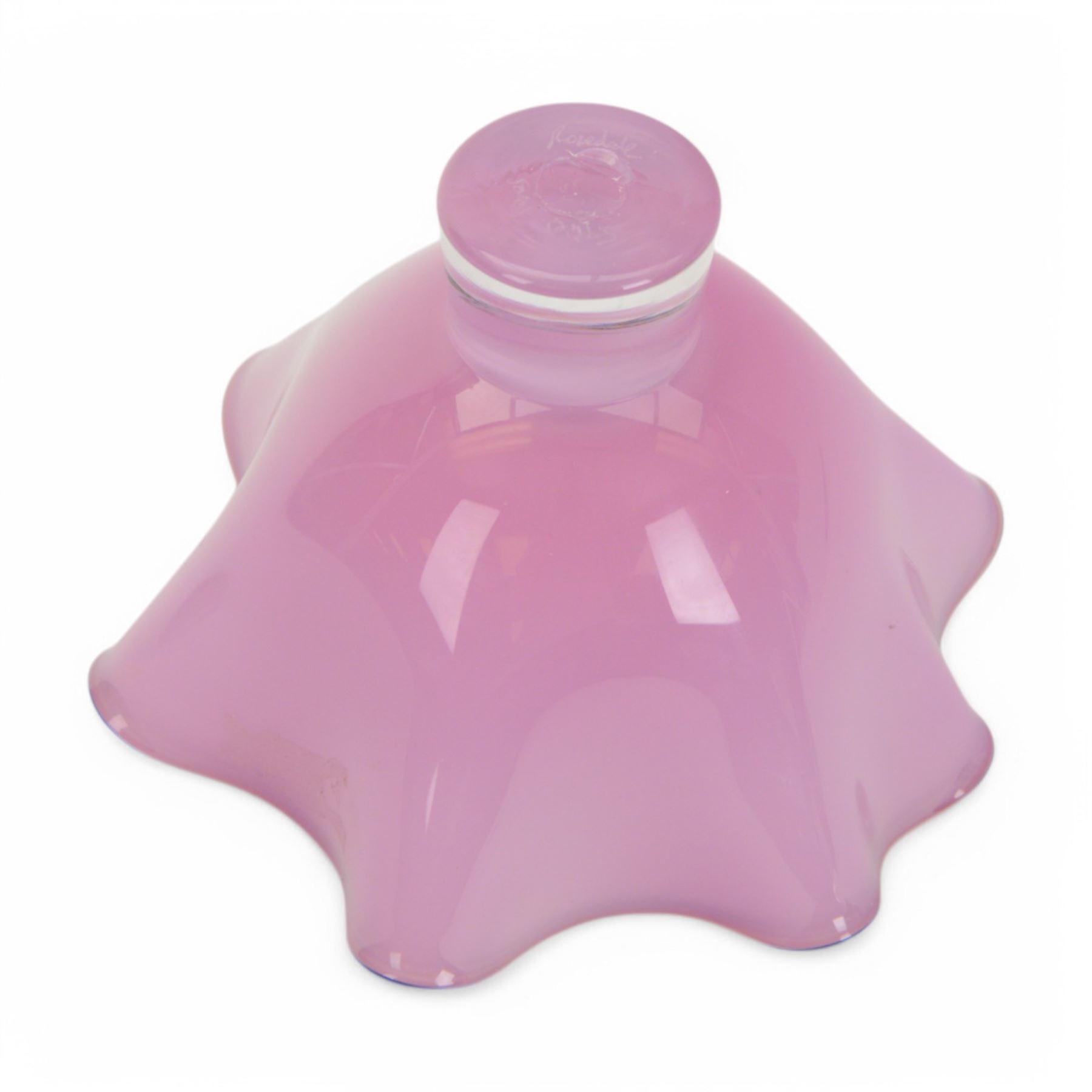 Gillies Jones of Rosedale pink glass vase with crimped black rim on a short pedestal foot, signature to base D15cm H10cm