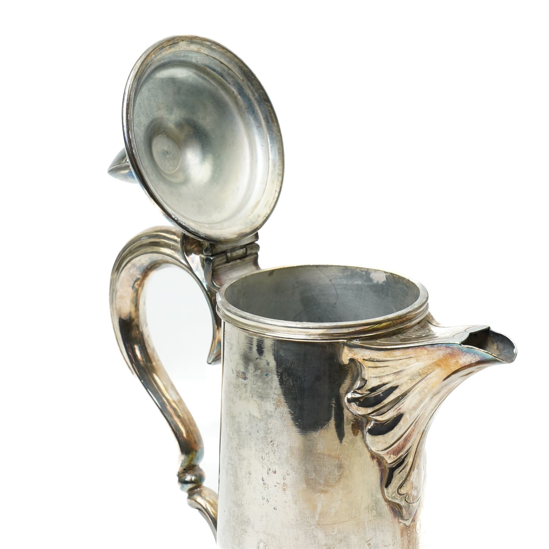 Britannia metal flagon by James Dixon & Sons with scroll handle and hinged lid H35cm and a silver plated fiddle pattern soup ladle (2)