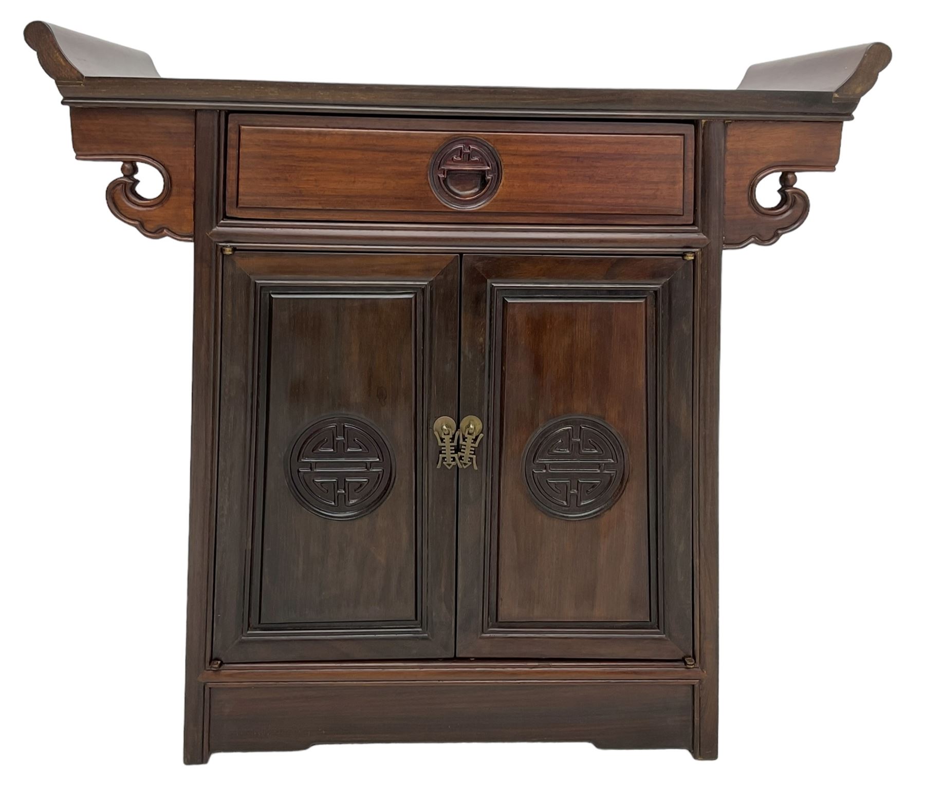 Chinese hardwood altar table, single drawer over double cupboard, two panelled doors carved with Shou motifs 