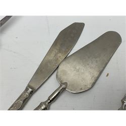White metal three piece serving set, the handles marked 800, together with an unmarked Victorian letter opener and magnifier, each with registration lozenge 