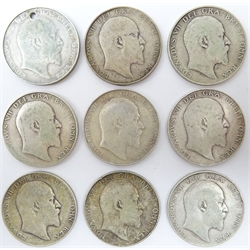  Nine Great British King Edward VII half crowns, 1902 (holed), 1903, 1904, 1905, 1906, 1907, 1908, 1909 and 1910  