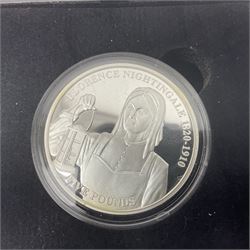 Queen Elizabeth II Channel Islands and Isle of Man silver proof five pound coins, comprising Bailiwick of Jersey 2016 'Lest we Forget', 2019 'D-Day 75th Anniversary' three coin set', Bailiwick of Guernsey 2020 'Florence Nightingale 200th Anniversary' and Isle of Man 2021 'William and Kate Wedding Anniversary', all cased with certificates