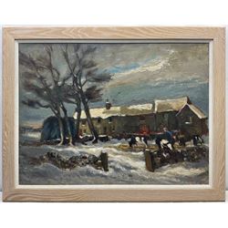 Robert Dawson (British 1926-1997): 'Snow at High Edge', oil on board signed with initials, titled on gallery label verso 67cm x 90cm 
Provenance: with the Goldmark Gallery, Uppingham, label verso