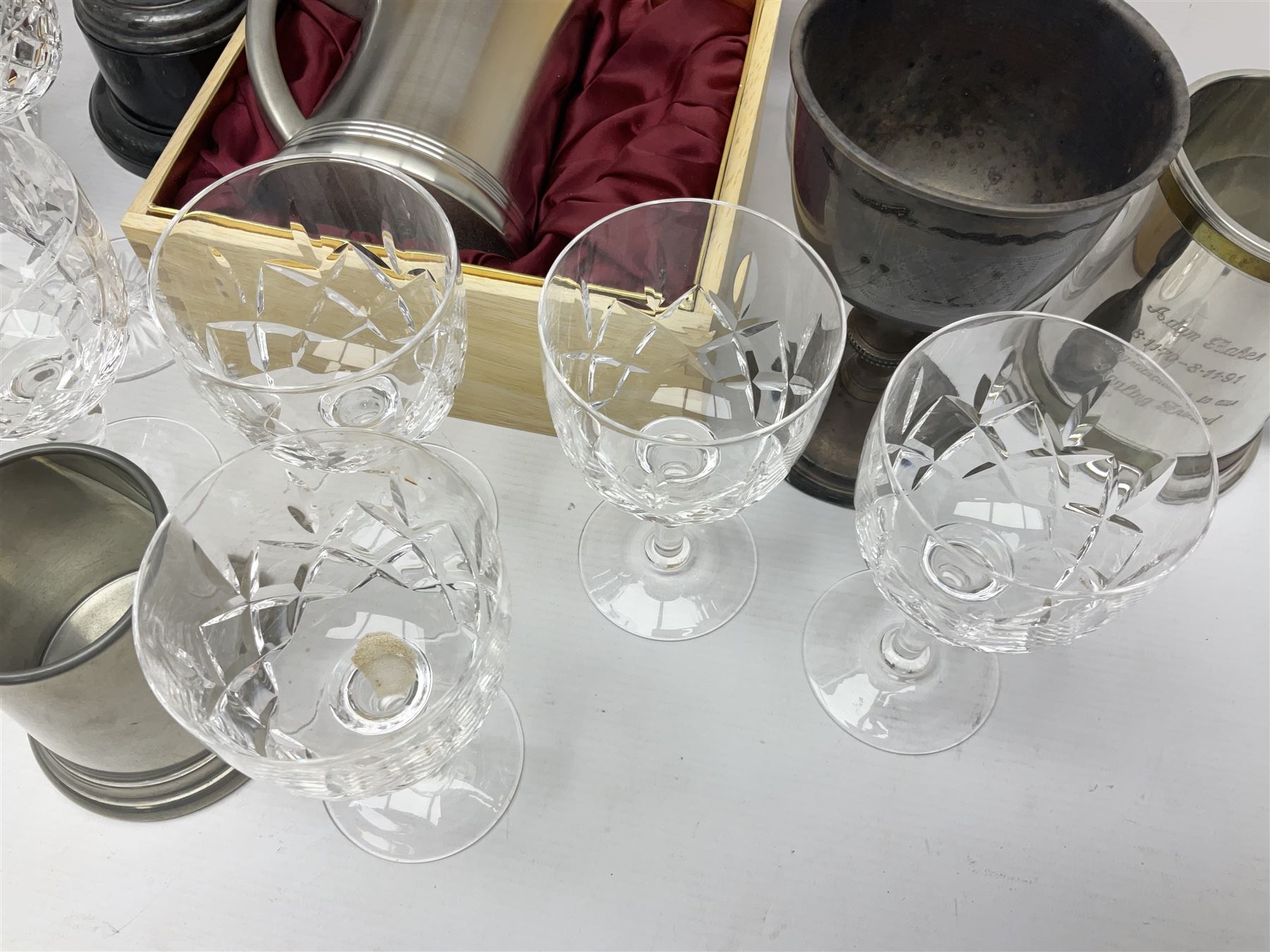 German Bleikristall decanter, set of six Stuart Crystal glasses, a Dartington Crystal decanter, christmas lights and a collection of pewter tankards, etc 