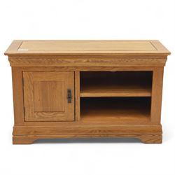 Oak Furnitureland - television and media cabinet, rectangular top with framed edge, fitted with single cupboard and open shelved section, on a stepped and shaped plinth
