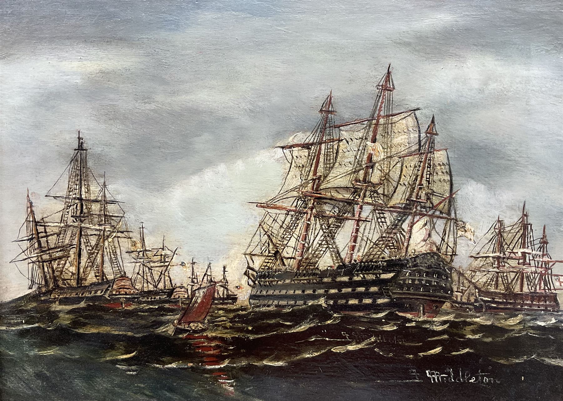 J Middleton (British 19th century): 'Saluting HMS Victory off Spithead Dec 1805', oil on panel signed, inscribed verso 26cm x 36cm