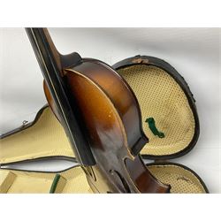 Czechoslovakian violin c1970s with 36cm two-piece maple back and ribs and spruce top, bears retailer's label for 'Leslie Sheppard Burgess Hill Sussex' L59cm overall; in carrying case; together with six violin bows and two cello bows