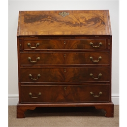  Georgian inlaid mahogany bureau, fall front enclosing fitted maple interior, one short and three long drawers, shaped bracket supports, W96cm, H106cm, D48cm  