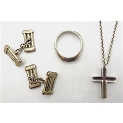  Tiffany & Co silver ring stamped, cross pendant necklace and pair of cuff-links all stamped 925  