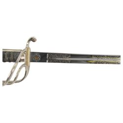 George VI Royal Army Service Corps Officer's sword, with 87cm steel blade, wirebound fishskin grip, chequered backstrap and stepped domed pommel, in brown leather scabbard, overall L102cm