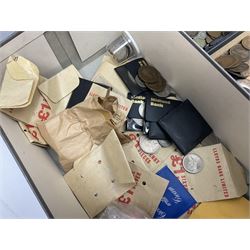 Great British and World coins and banknotes, including pre-decimal coinage, Britain's first decimal coins sets in blue folders, silver one yen coin converted into a brooch, commemorative crowns etc