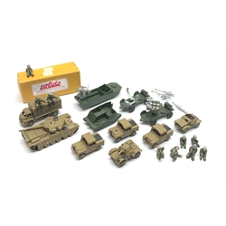 Dinky - seven military vehicles all overpainted in German brown and black including Centurion Tank No.651, three Land Rovers No.255 etc; Lone Star Modern Army Series D.U.K.W., two small Mobile Fighting Units and Bren Gun Carrier, all unboxed with various figures; and empty Solido model box