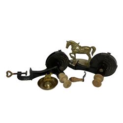 Two cast iron Follows and Bate Ltd Rapid Marmalade Cutter, Manchester, brass figure of a horse etc