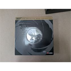 James Bond DVD collection, housed in a 007 collectors briefcase, together with Corgi The Definitive Bond Collection Film Canister 4 Piece Set CC99106, Corgi James Bond Space Shuttle CC04001 and a Vanguard RAC special limited edition diecast model set, all boxed