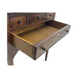 Georgian design inlaid mahogany side table, rectangular top with fluted edge over three short and one long drawer, arched apron, raised on slender supports 