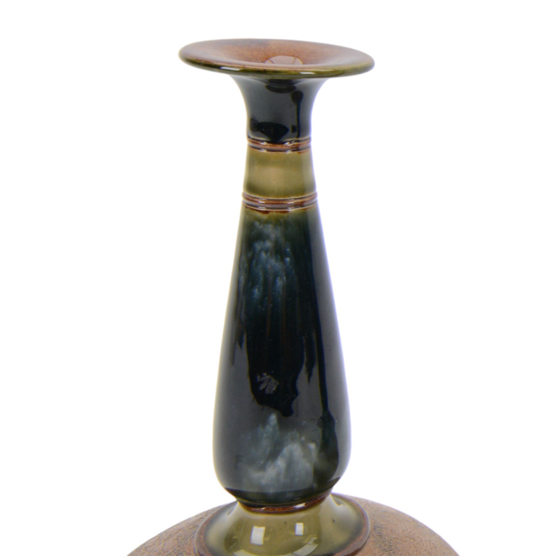 Pair of Royal Doulton vases by Christine Abbot, of squat circular form with elongated neck and flared rim, the body decorated with floral design, H26cm