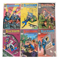 Eighty-one Bronze Age and later DC comic books, including complete twenty issue run of 'Atari Force', eight 'Blackhawk' vol. 1 comics issues #246, #252, #259, #260, #261, #262, #264 and #268, complete sixteen issue run of 'Blackhawk' vol. 3 including two copies of  issue #1, 1989 Blackhawk annual #1, complete four issue mini-series of 'Black Canary', 1986 'Blue Beetle' issues #1, #2, #4 and #5, 1984 'Blue Devil' issue #1, 'Booster Gold' issues #7 and #25, complete six issue miniseries of 'The Brave and The Bold', three 1986/87 'Cosmic Boy' issues #1, #2 and #4, 1987 'Centurions' issue #2, 1989 'Blasters Special' issue #1, 'Captain Atom' issues #1, #2, #16 and #25, 1985 'Challenge' issues #1 to #7 and two 'DC Versus Marvel' issues #1 and #4