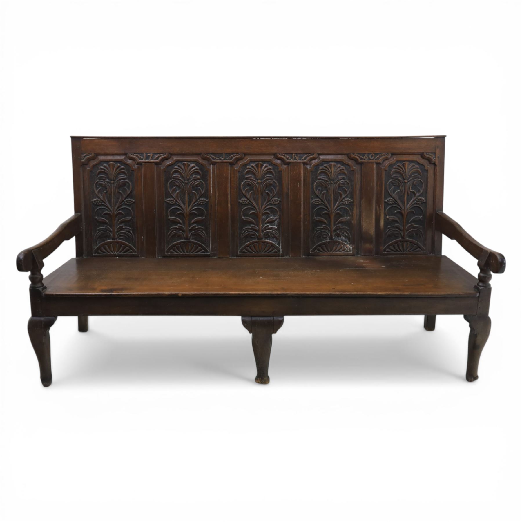 18th century oak hall bench or settle, five foliate carved back panels, dated 1760