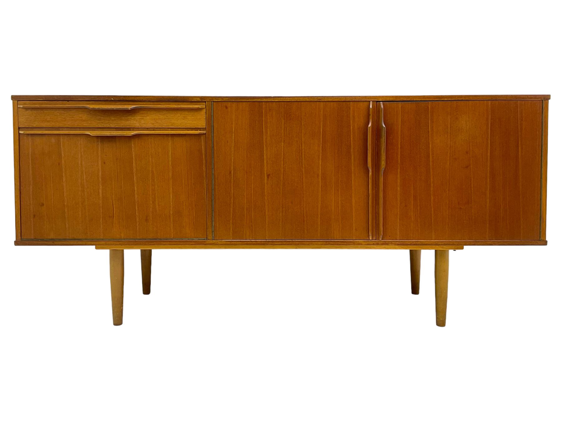 Morris of Glasgow - mid-20th century teak sideboard, fitted with double cupboard and single drawer above fall-front cabinet, raised on tapering supports