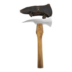 German Fire Service Presentation Axe, the chromed steel head stamped ''Fur 40 Jahre treue Dienste Frw.Feuerwehr Upen'', with ash handle and leather sheath, H38cm 