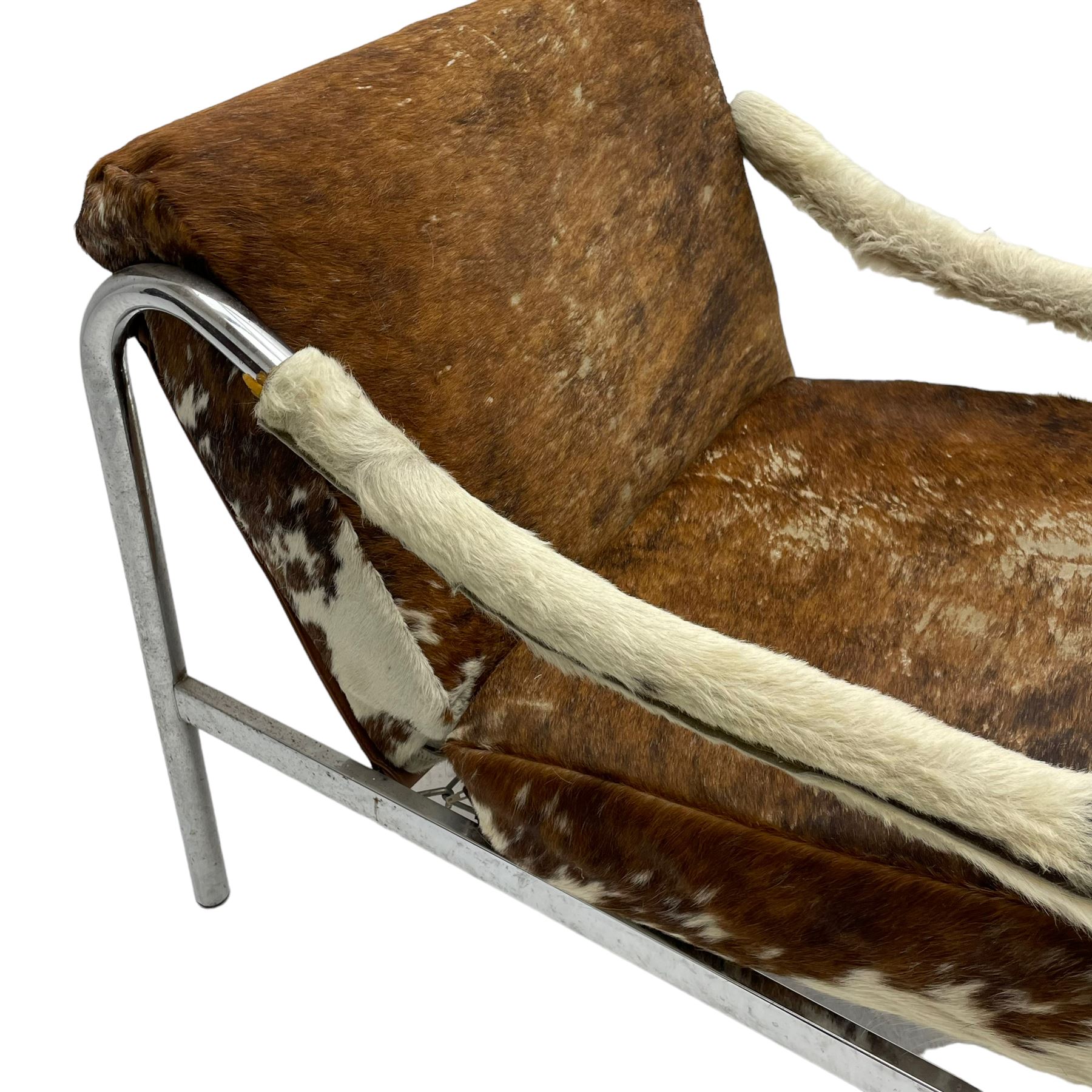 Tim Bates for Pieff - 1970s 'Beta' armchair, chrome frame with leather seat pad, the loose cushions and arms upholstered in tricolour cow hide