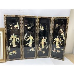 Soapstone table lamp, with carved floral stem, together with three other table lamps, metal candelabra and candlestick, Charles Burton Barber framed print and a Chinese table screen etc 