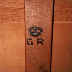 Mid 20th century Gordon Russell attributed oak pedestal desk, rectangular top with black leather inset writing surface and gallery back, fitted with five drawers with tubular metal handles, the kneehole united by a metal stretcher, raised on square supports, bearing GR crown stamp