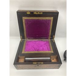 Victorian glass rolling pin, black basalt teapot, mother of pearl box with foliate engraving and sliding lid, and a wooden writing slope, with purple velvet interior, writing slope H14cm