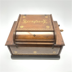  English Automatic Seraphone retailed by Peter Black, Manchester, in gilt stencilled mahogany case on ebonised rectangular base, L43cm, D31cm, H30cm  
