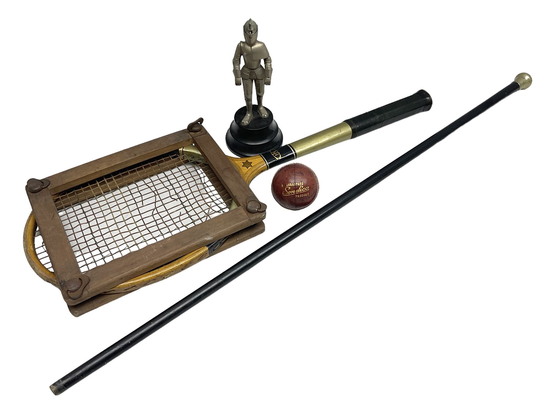 Walking cane, tennis racket, cricket ball (signed) and knight novelty cigarette lighter 