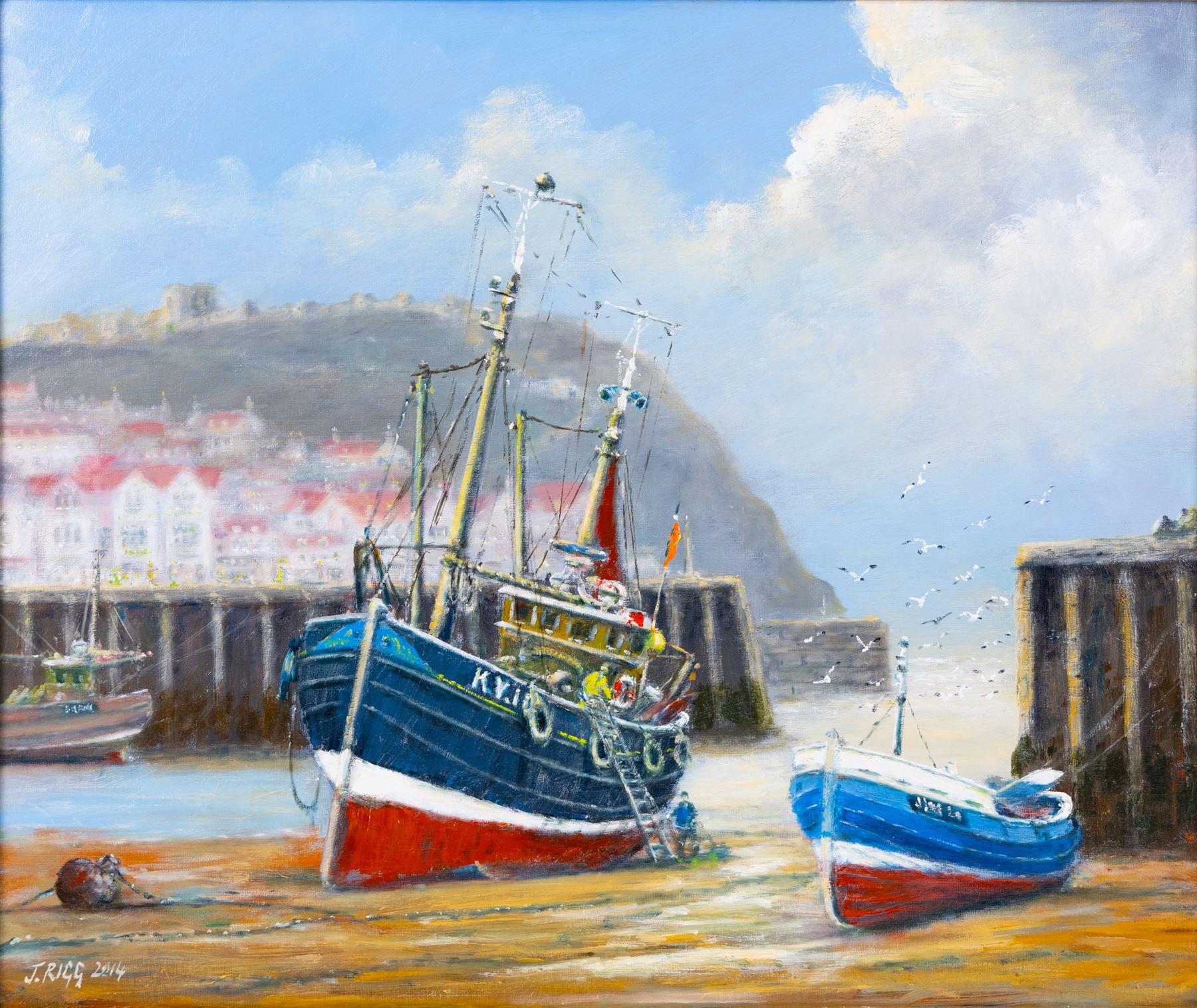 Jack Rigg (British 1927-2023): 'Summer Day - Spring Tide' - Kirkcaldy Trawler and Coble in Scarborough Harbour, oil on canvas board signed and dated 2014, titled verso 50cm x 60cm