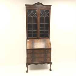  Early 20th century mahogany bureau bookcase, two astragal glazed doors enclosing three shelves above fall front, cabriole legs on ball and claw feet, W79cm, H208cm, D46cm  