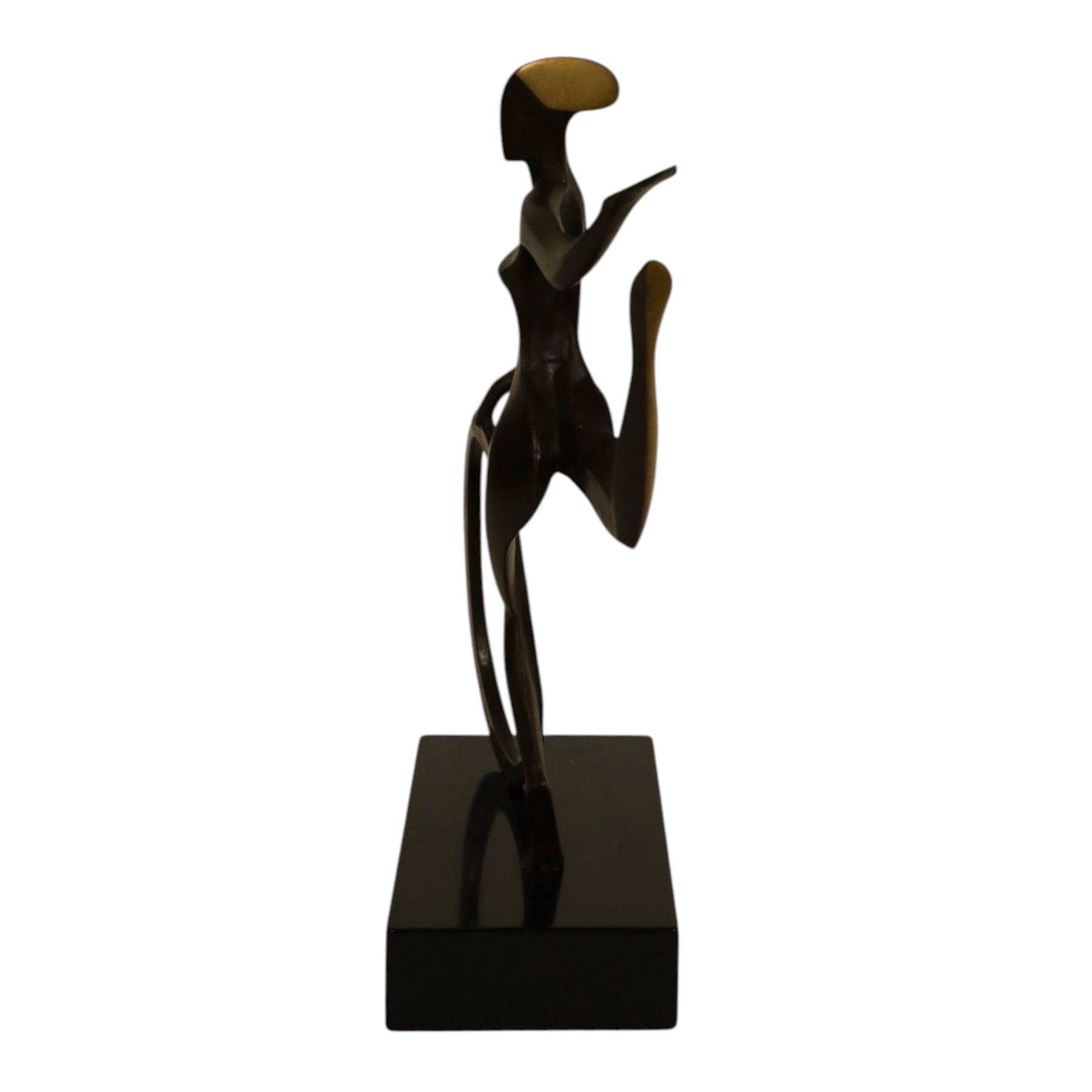 John Huggins FRBS (British 1938): 'Girl with Hoop', bronze sculpture upon black lacquered wooden base, H34cm