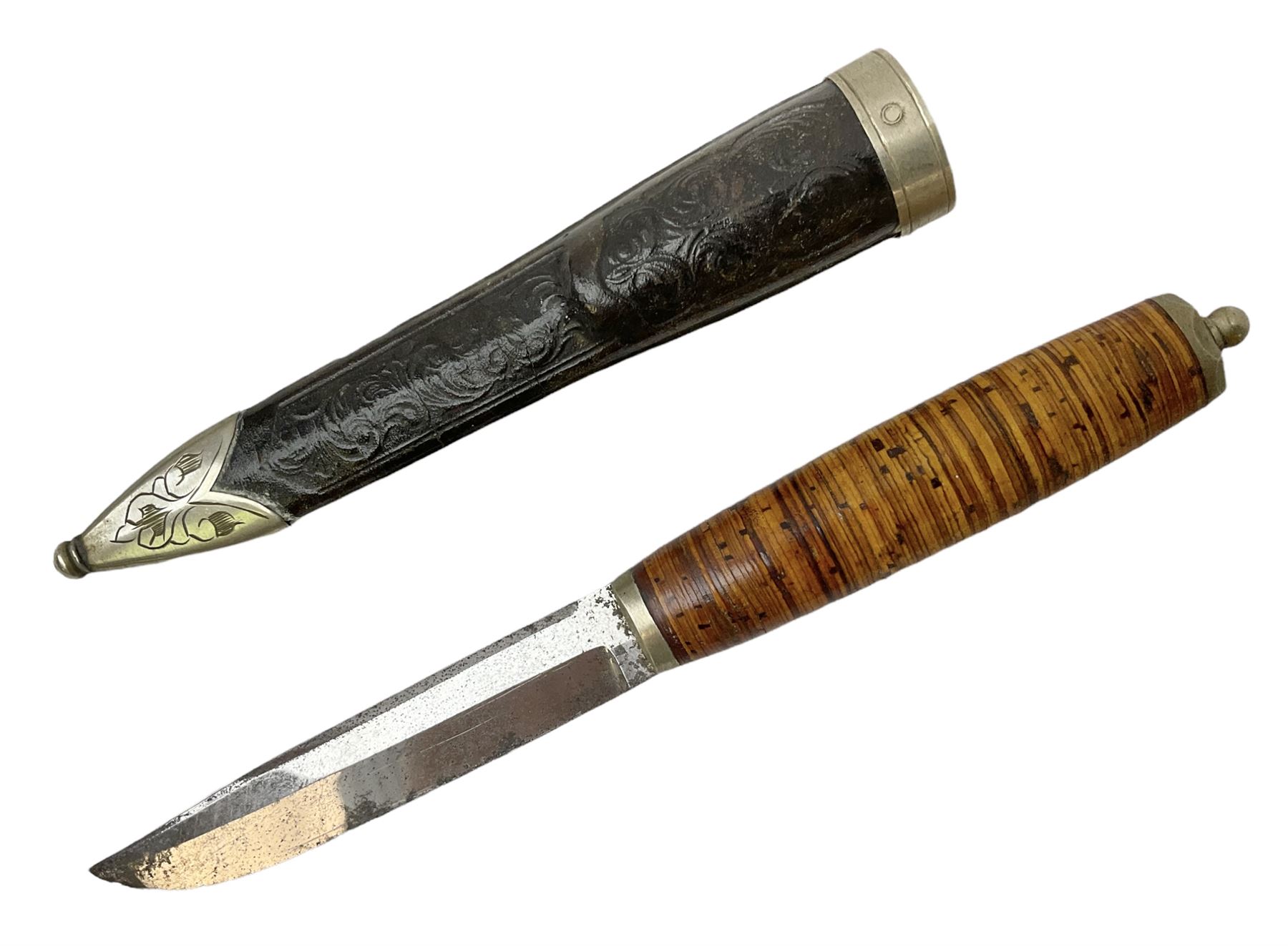 Norwegian staksniv hunting knife with 10cm single-edged steel blade in tooled leather sheath with nickel mounts L23cm overall