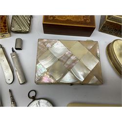 Assorted collectables, to include vintage tin, papier-mâché crumb tray, Rococo style frame, mother of pearl card case, boxed chess pieces, boxed dominoes, two horn boxes of oval form, silver Yard O Led propelling pencil, silver mounted glass dressing table jar, heart shaped pendant stamped silver, etc. 
