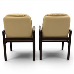 Dyrlund - pair of visitor chairs, solid Santos rosewood frame, rounded edges and broad armrests, seat and backrest with a removable cream leather over-stuffed cushions
