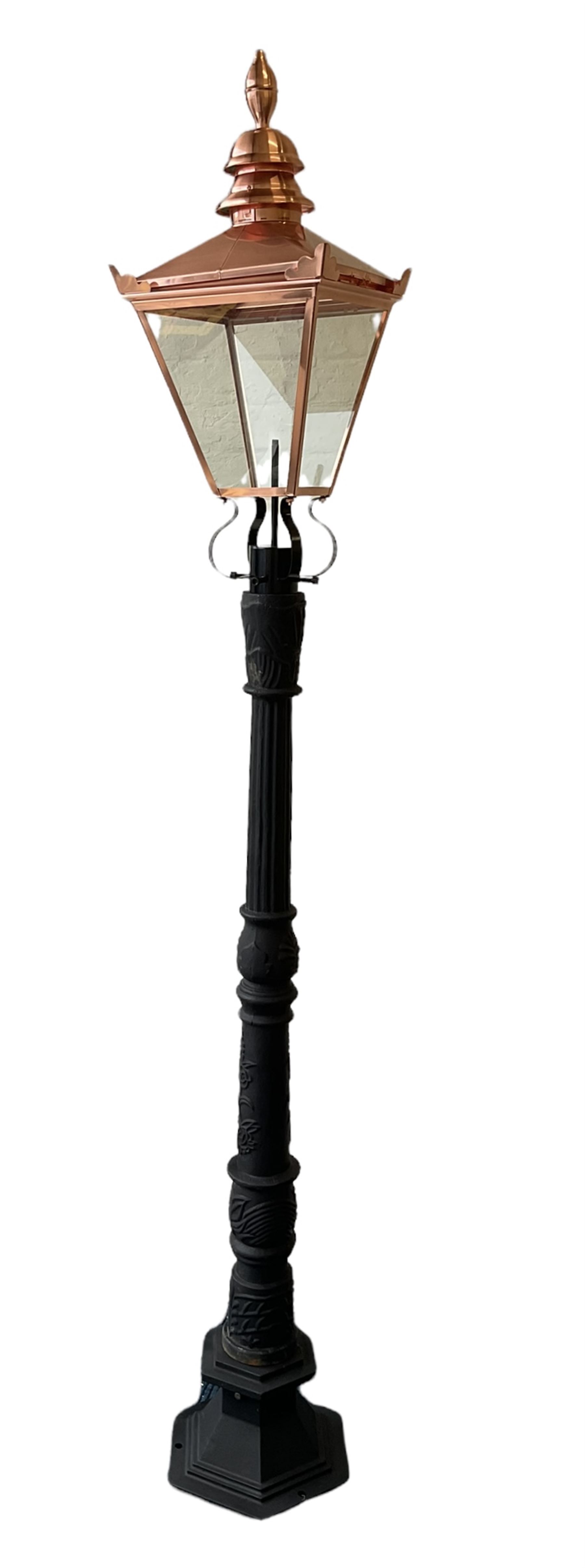 Victorian style cast iron street lamp post, with copper and glass lantern top