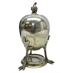 Silver plated egg coddler with Hen finial and clawed feet, H24cm