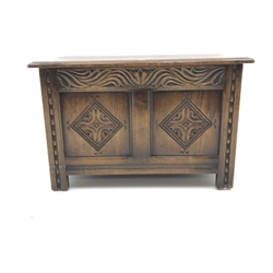 Small 20th century medium oak blanket box, single hinged lid, carved front stile supports, W76cm, H50cm, D38cm