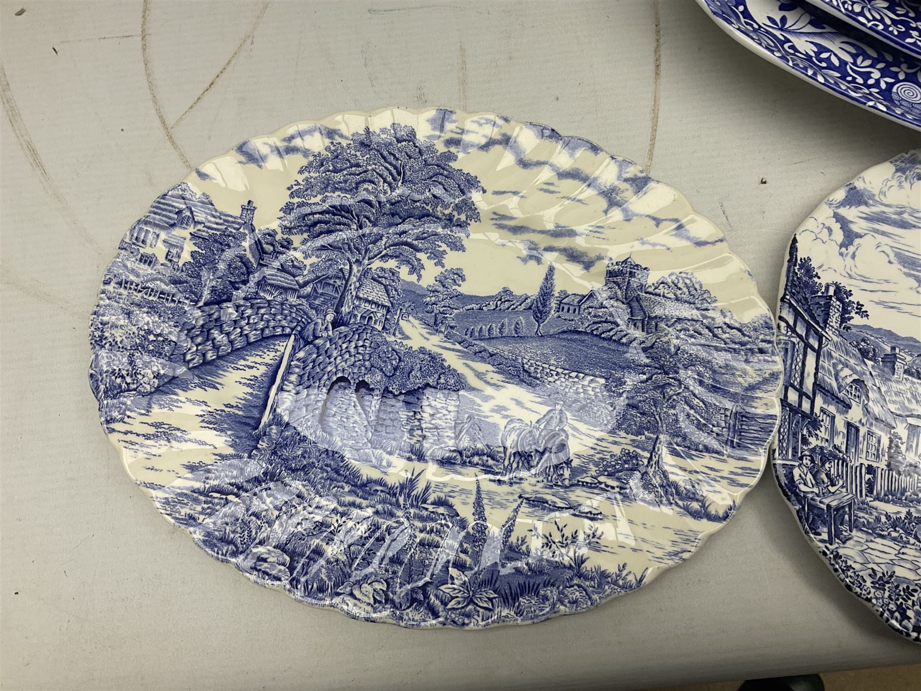 Three Spode Italian pattern platters, together with a three masons dishes of various sizes and two other plates  