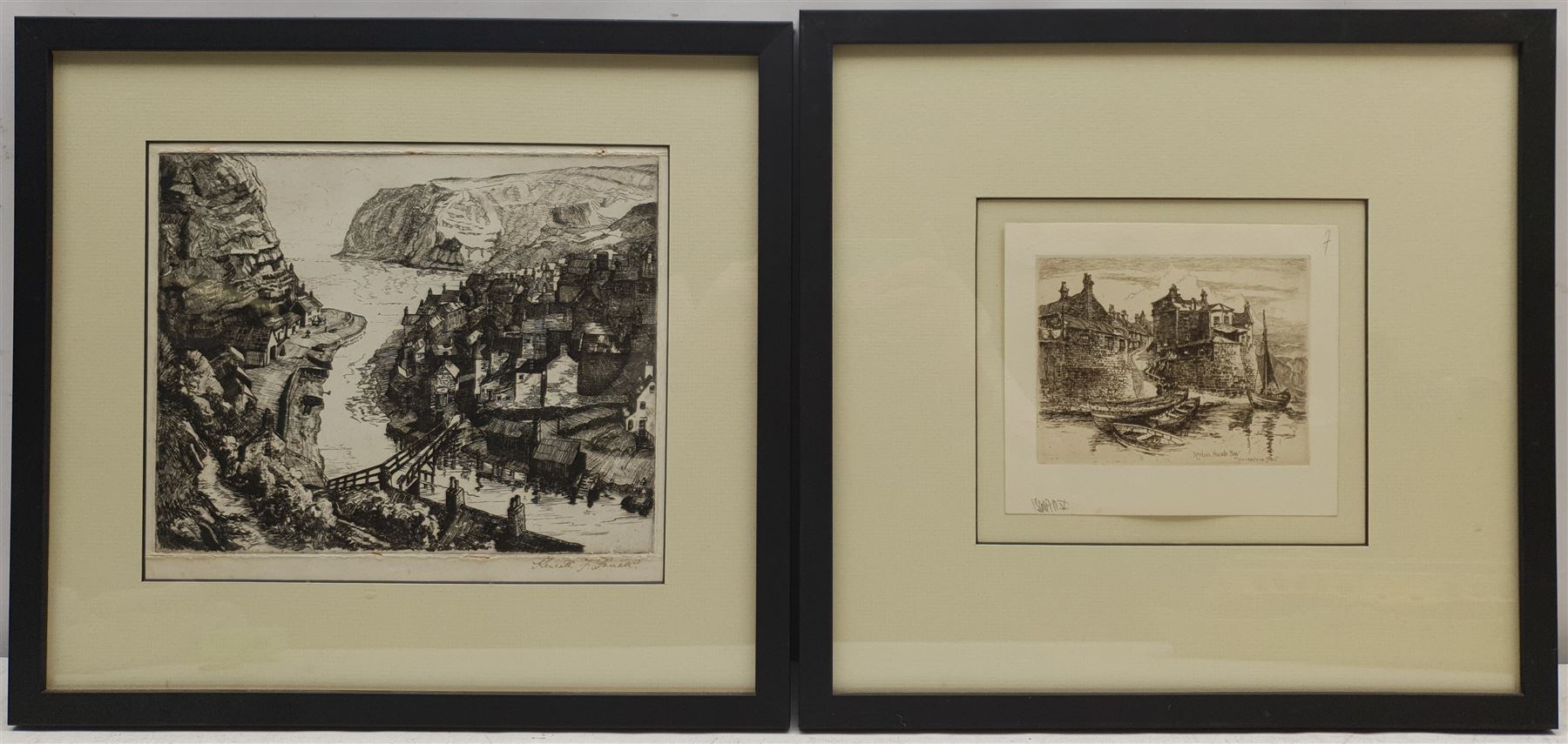Kenneth F Parratt (British early 20th century): Staithes, etching signed together with English School (20th century): 'Robin Hoods Bay Yorkshire Coast', etching indistinctly signed,  titled in the plate max 20cm x 25cm (2)