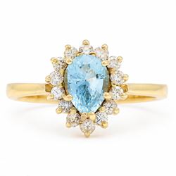 18ct gold aquamarine and diamond cluster ring, single pear cut aquamarine of approx 0.95 c...