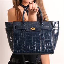 Mulberry - Belted Bayswater with Zip handbag in Midnight Croc embossed leather, the struct...