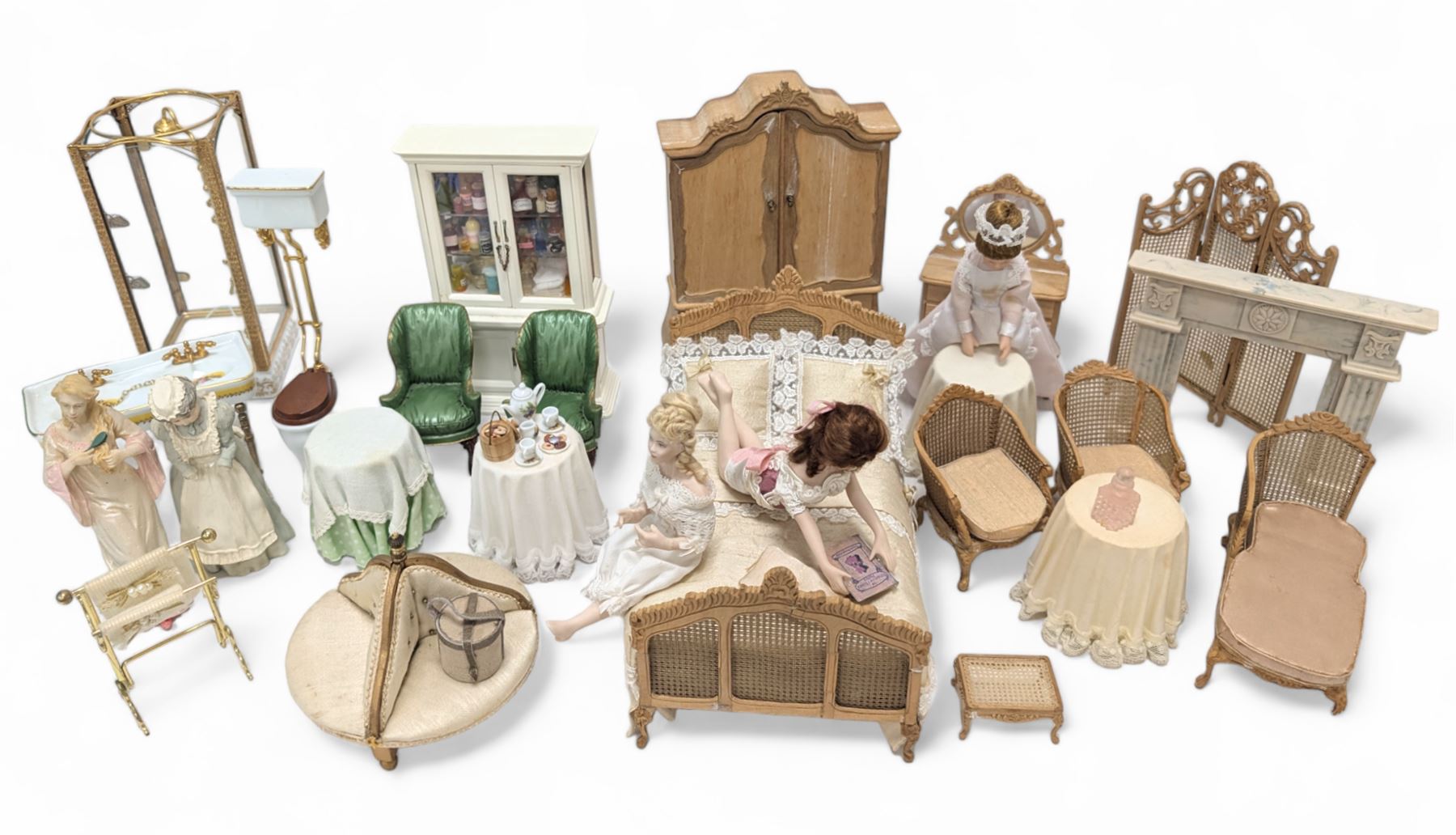 Dolls house bathroom and bedroom furniture, including bed, wardrobe, dresser filled with toiletries, shower, five figures, etc 
