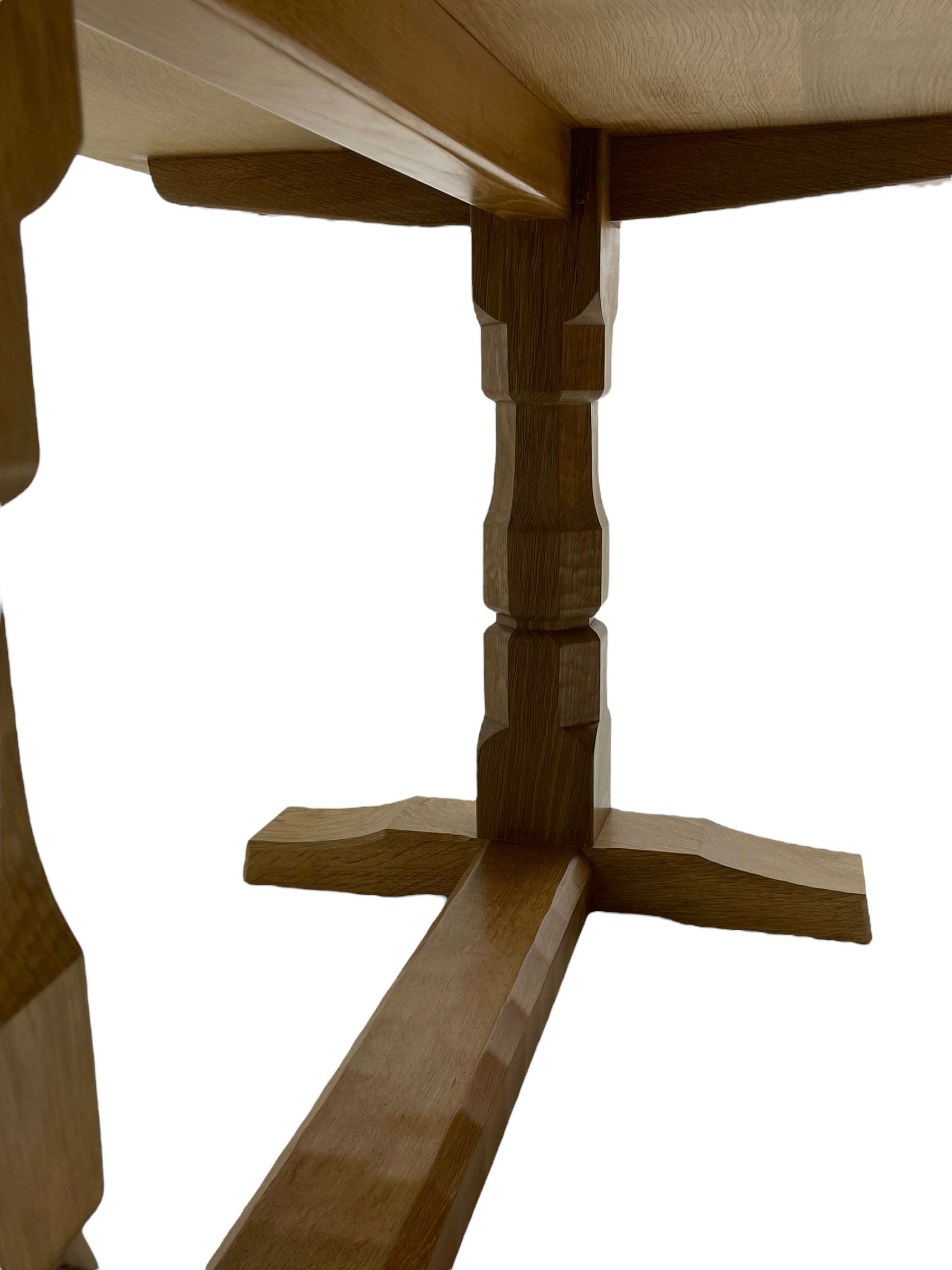 Mouseman - oak dining table, adzed rectangular top on twin octagonal pillar supports, sledge feet united by floor stretcher, by the workshop of Robert Thompson, Kilburn 